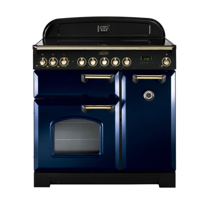 Rangemaster Classic Deluxe 90 Ceramic Range Cooker (Brass Details) - Regal Blue main product photo
