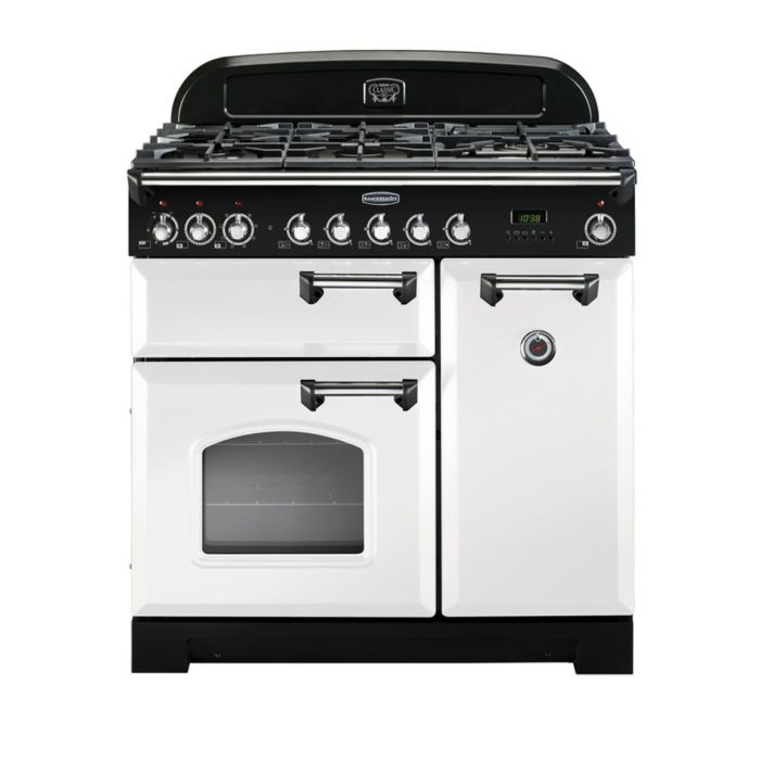 Rangemaster Classic Deluxe 90 Dual Fuel Range Cooker (Chrome Details) - White main product photo